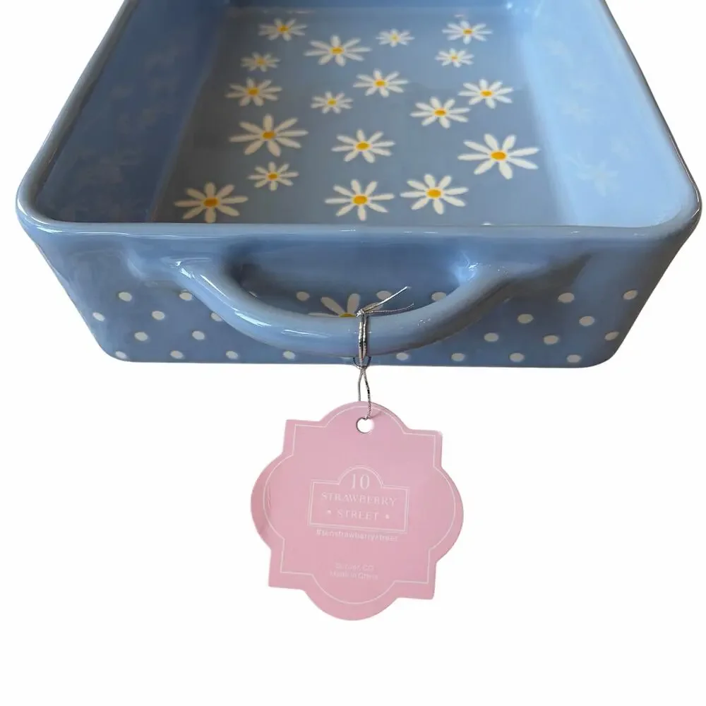 10 Strawberry Street Daisy Rectangular Baker 12x8 Blue Polka Dot NEW